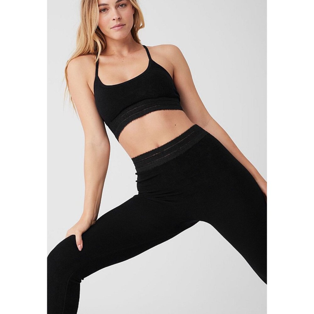 Alo Seamless Luxe Terry High-Waist Cuddle Legging Black Hi-Rise Slit Hem Bootcut - Picture 4 of 13